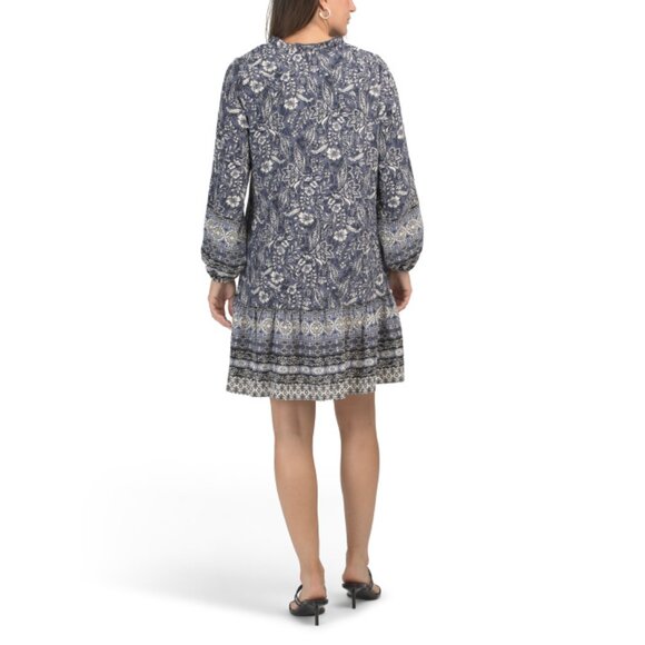 RACHEL ZOE Chambray Long Sleeve Ruffle Neck Keyhole Mini Dress - Picture 2 of 2